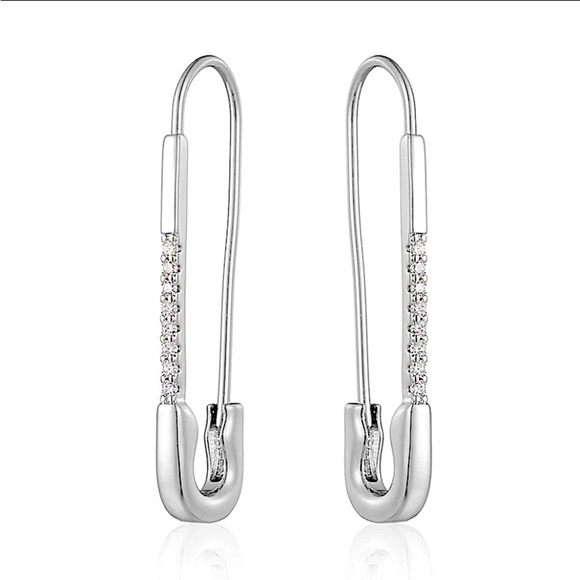 Silver Zircon Safety Pin Earrings, Minimalist, Punk, Gift For Teenager - Picture 9 of 9